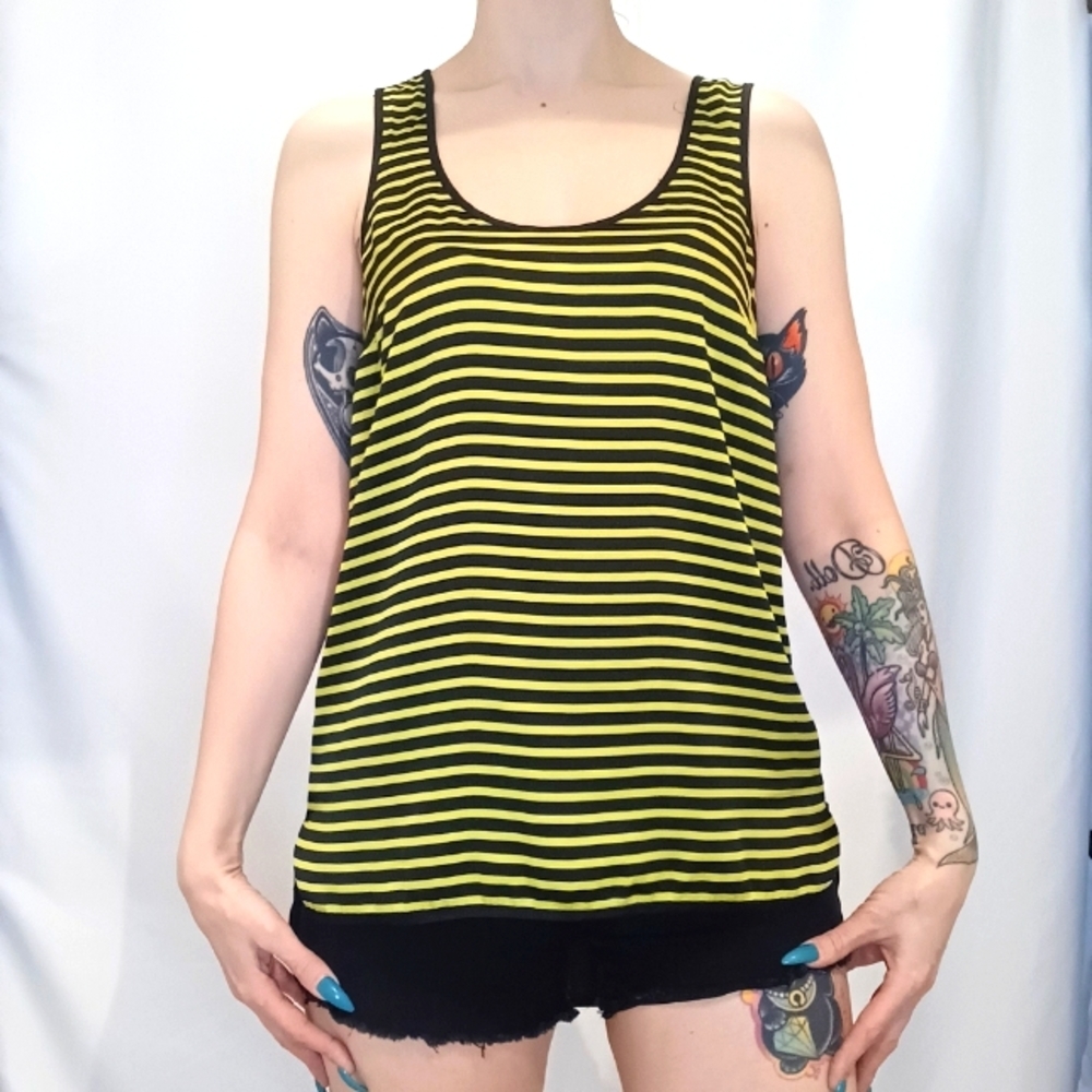Michael Kors Black & Chartreuse Striped Tank Blouse.